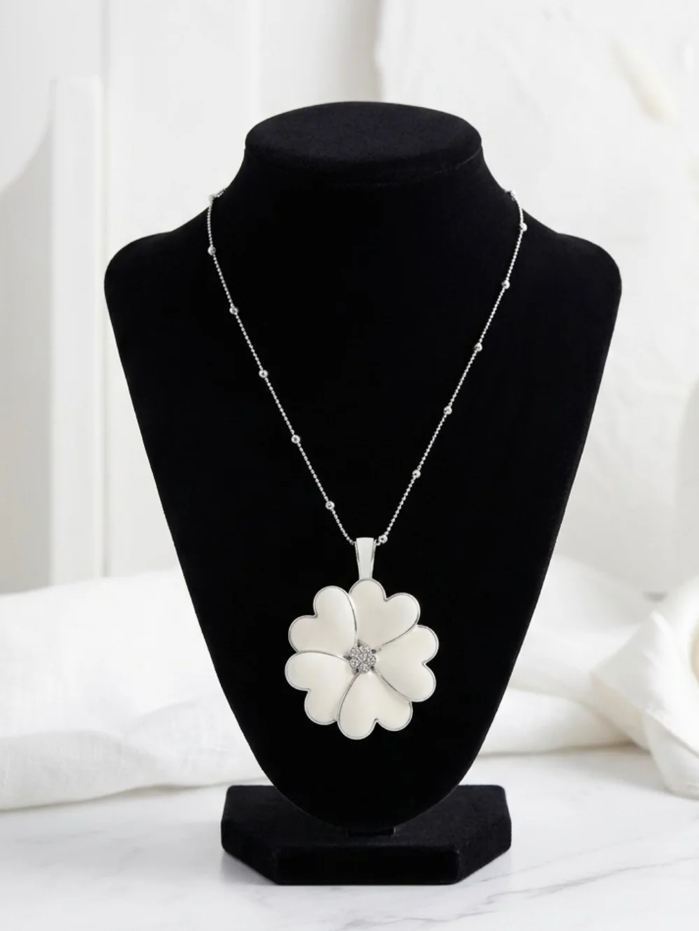 Lia Sophia Lucky in Love Necklace Retired White Enamel Heart Flower Pendant